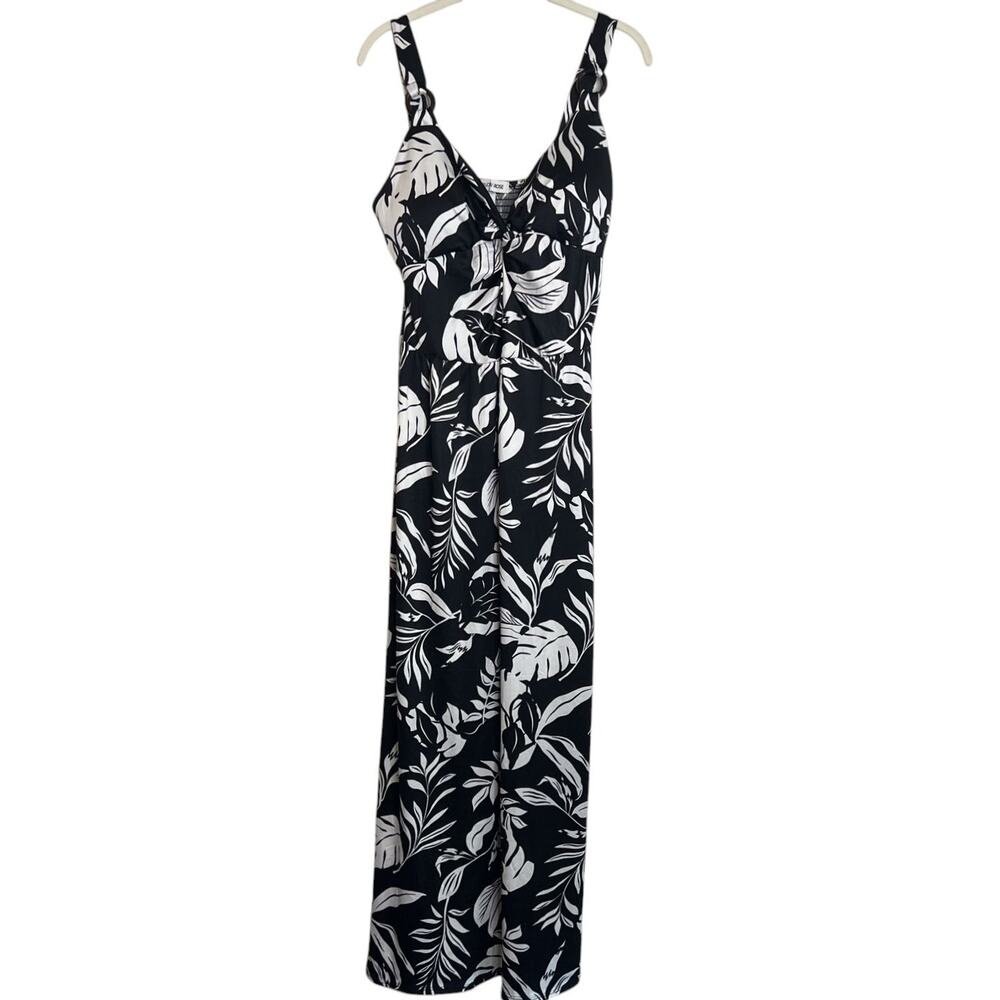 Harlow & Rose Womens Maxi Sundress L Black White Tropical Print Sleeveless